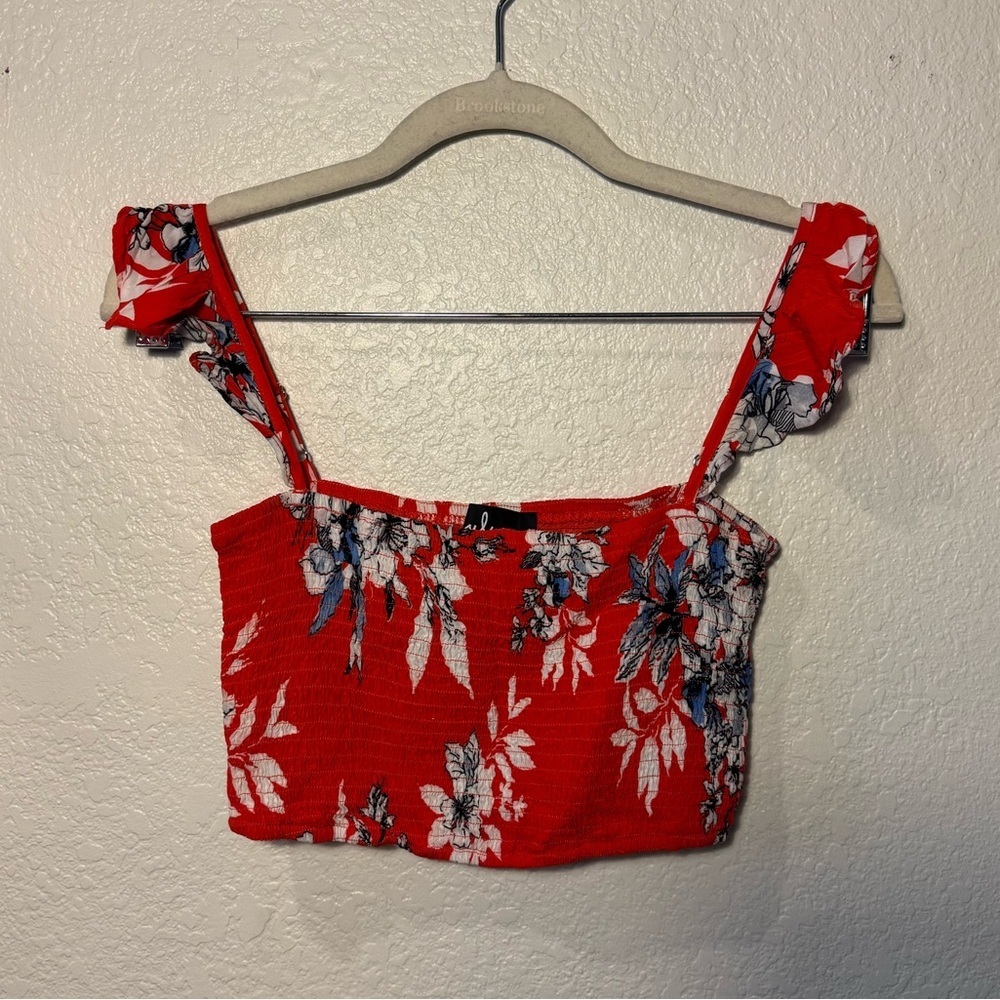 Lulus Red Tropical Print Floral Smocked Cropped Top Ruffle Straps Vacation S - Picture 3 of 6